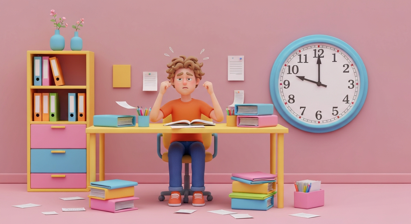 A person feeling overwhelmed by paperwork , computer work, with a clock showing late hours.