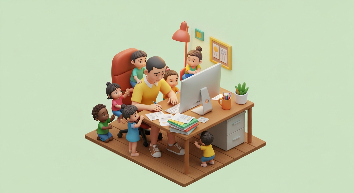 A stressed SE parent sitting at a computer, surrounded by children , work documents