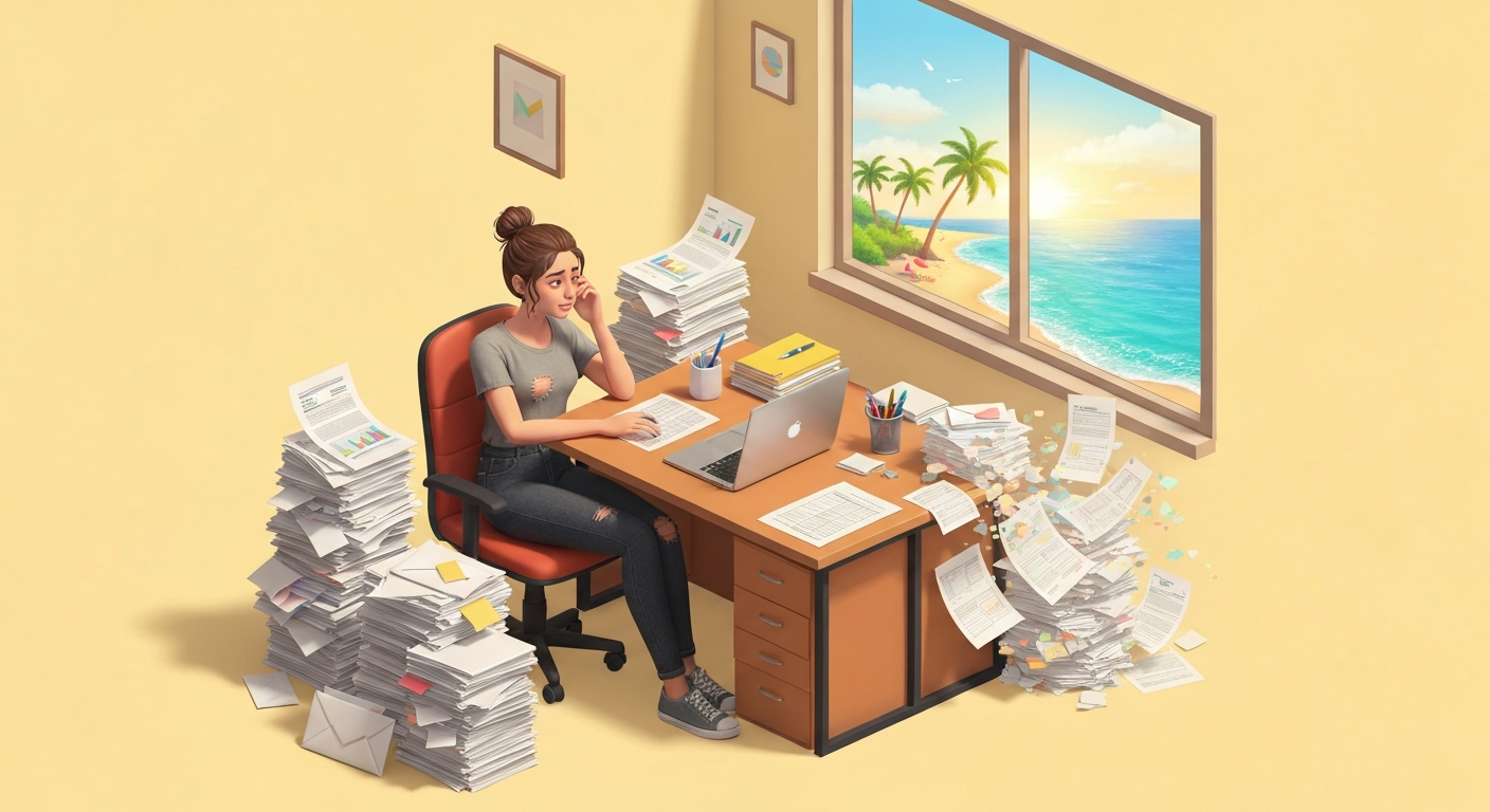 A stressed office worker surrounded by piles of paperwork, transforming into a relaxed person on a beach with a laptop