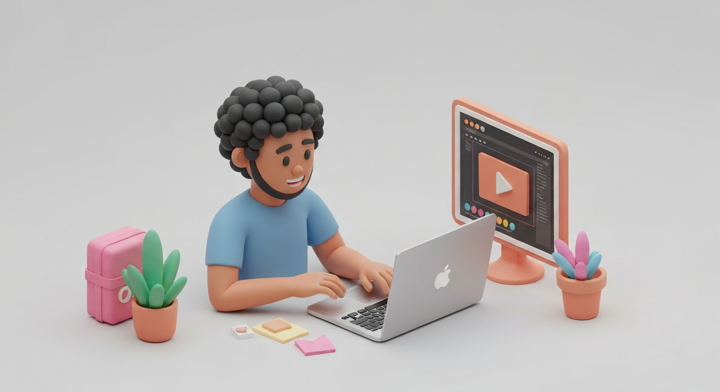 A man happily editing a video on his laptop