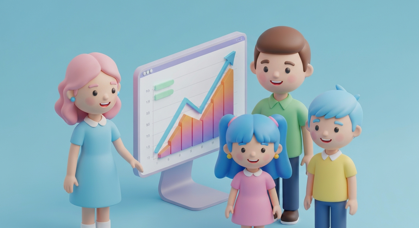 Cute 3D clay style, a family cheering at a computer showing a graph with an upward trend, pastel colors
