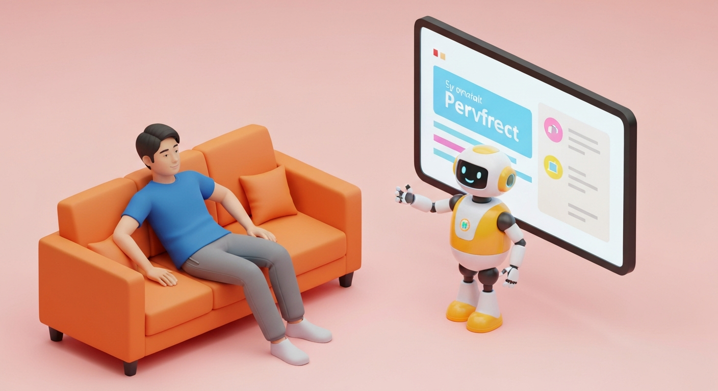 A person happily relaxing on a sofa while a robot presents a perfect PowerPoint presentation on a large screen, bright colors