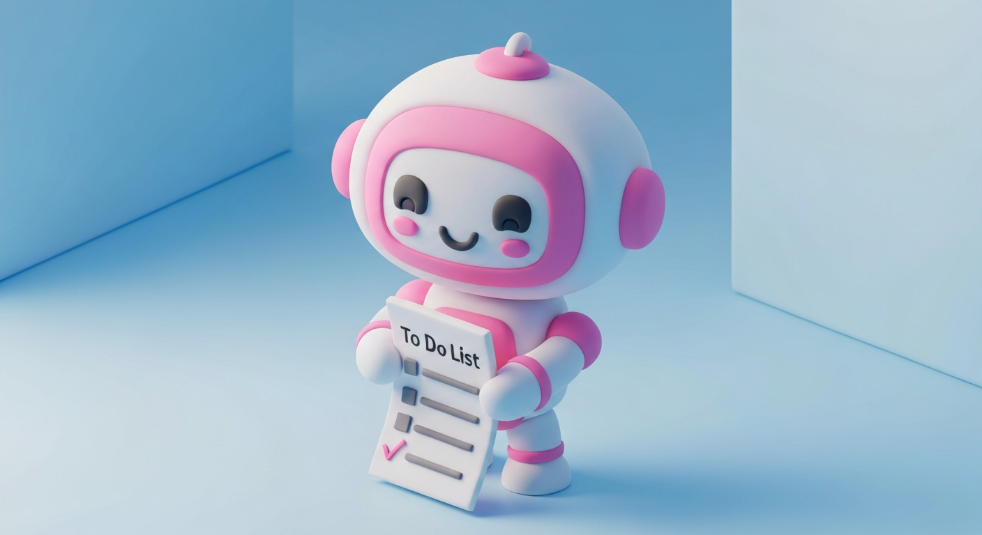 Cute 3D clay style, a robot checking a to-do list, pastel colors