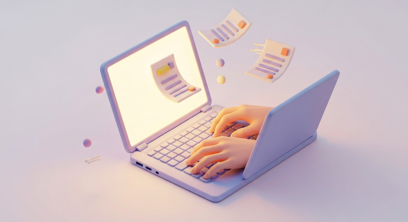 Close-up on hands typing rapidly on a laptop, documents flying around