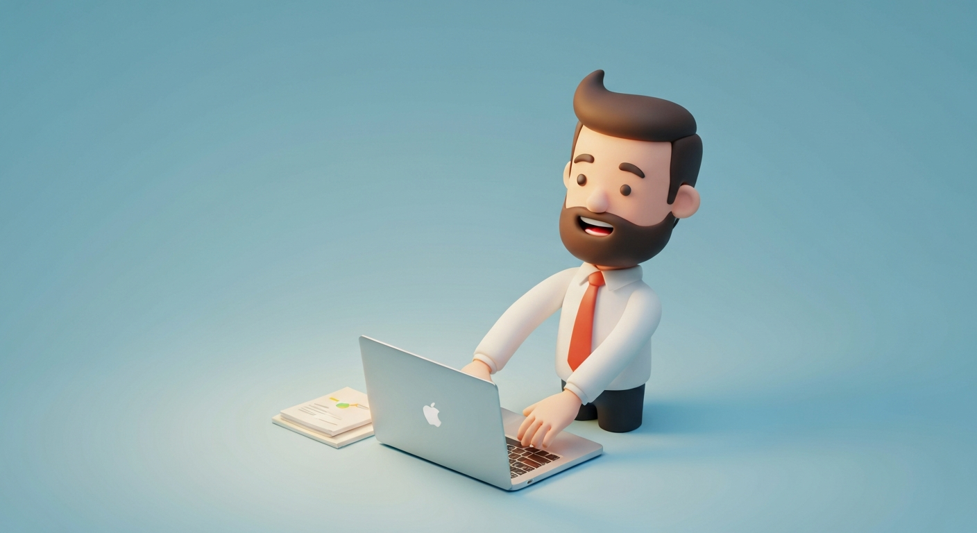 A cartoon style businessman happily finishing work on a laptop