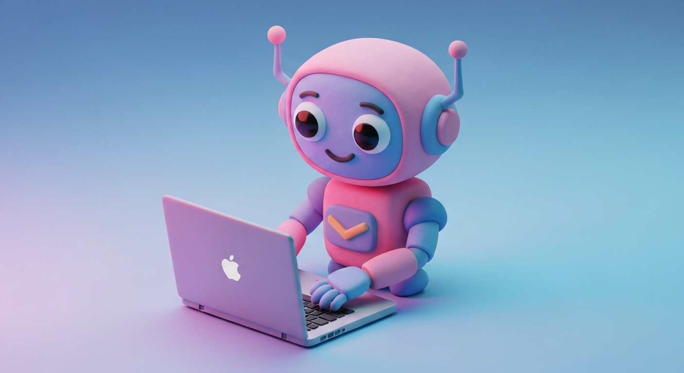 Cute 3D clay style, a robot writing emails on a laptop, pastel colors