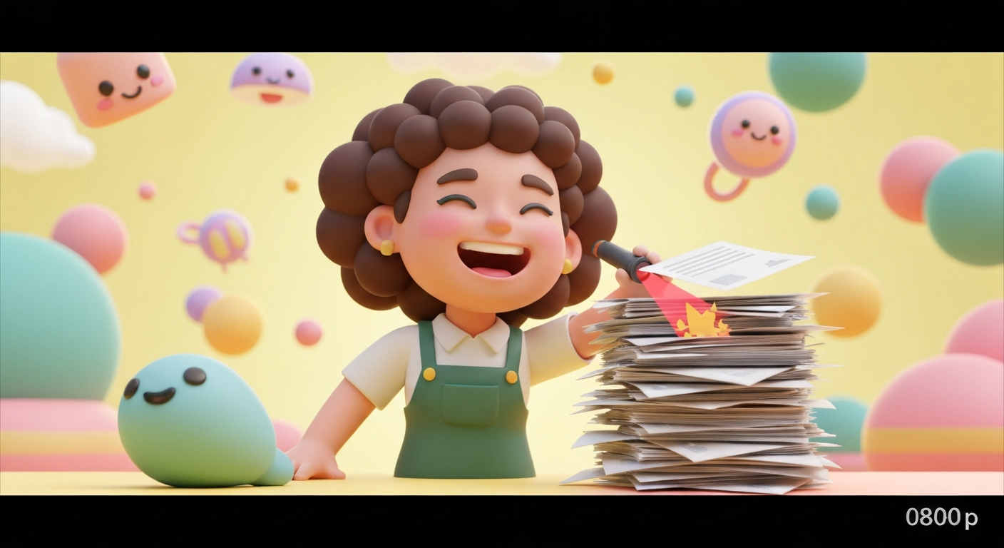 A person happily deleting a large pile of paperwork with a laser beam.