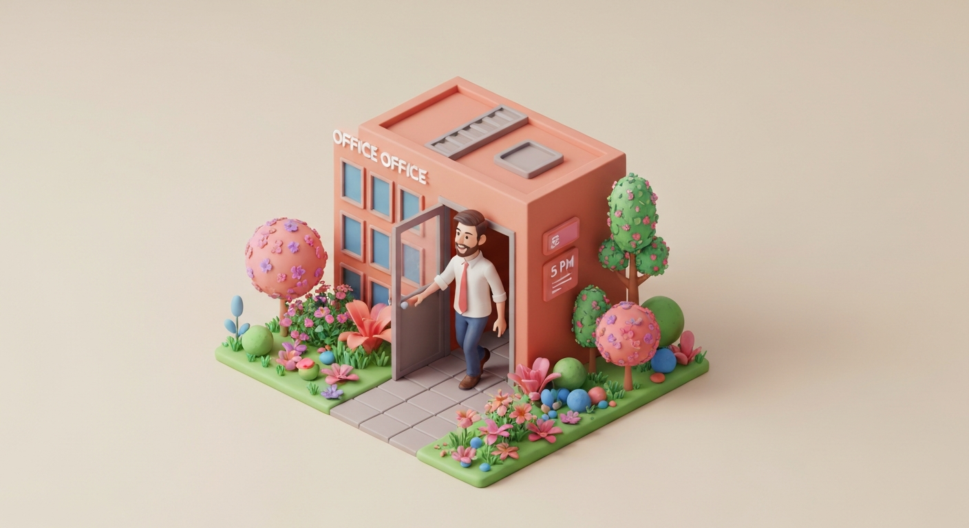 A person happily leaving an office building at 5 PM, surrounded by nature, digital art