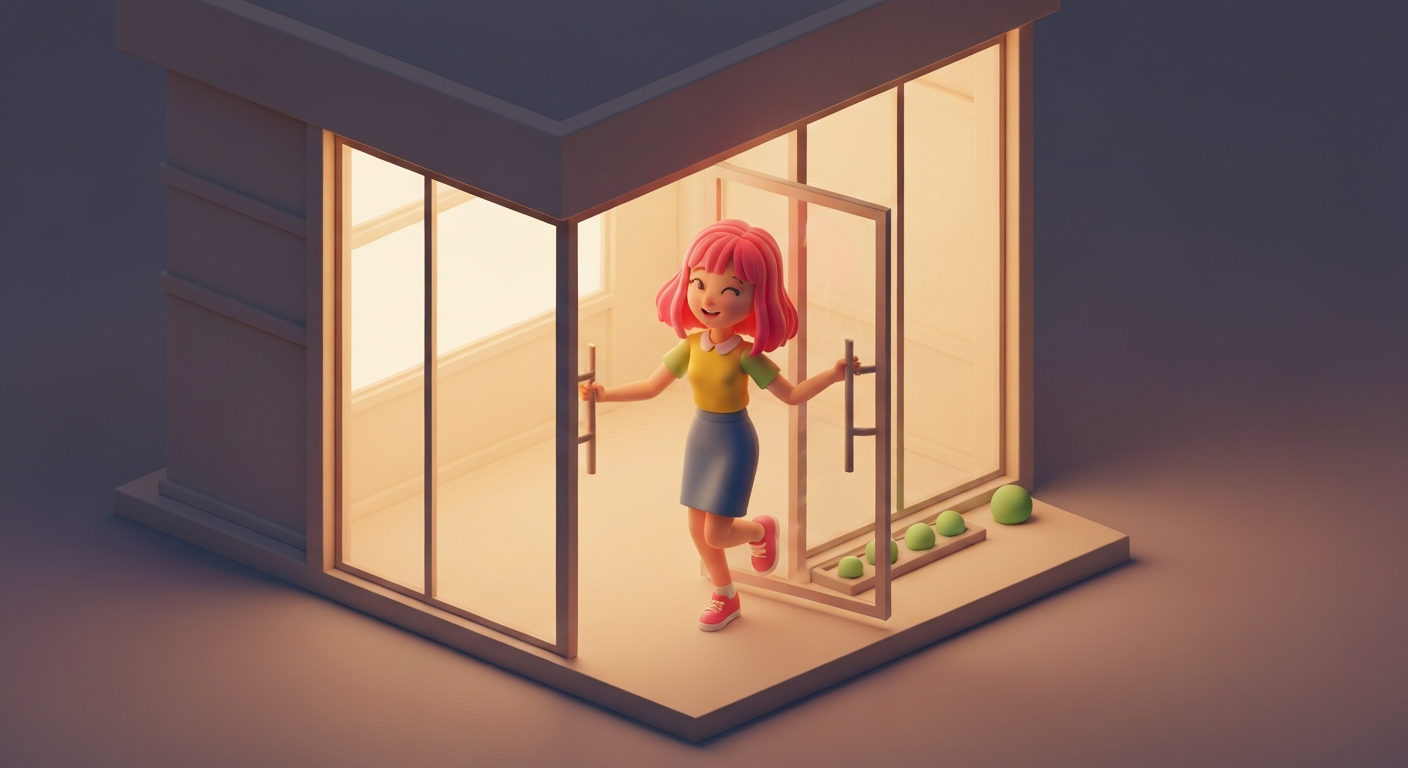 A person happily leaving an office building at sunset