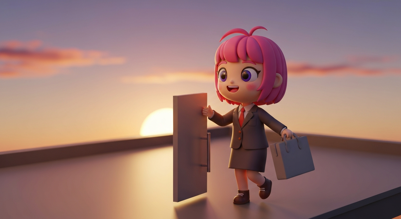Cute 3D render of a person happily leaving their office building at sunset