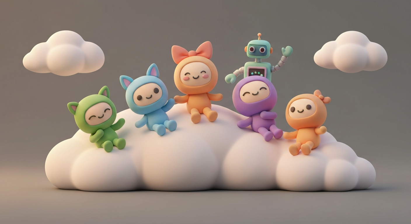 Cute 3D clay style, a family enjoying time together in a park, with a robot waving in the background, pastel colors