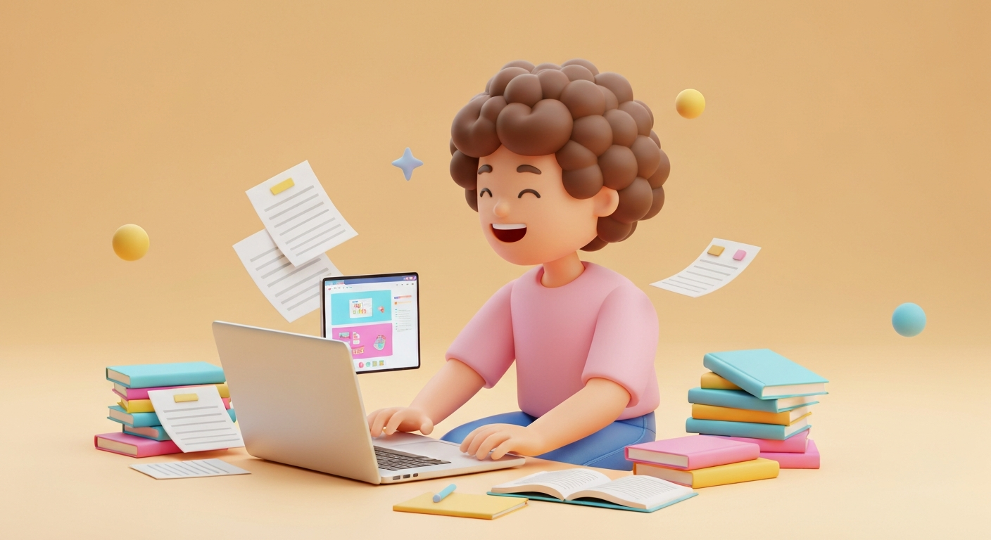 Cute 3D render, a person happily working on a laptop, surrounded by books , documents, pastel colors