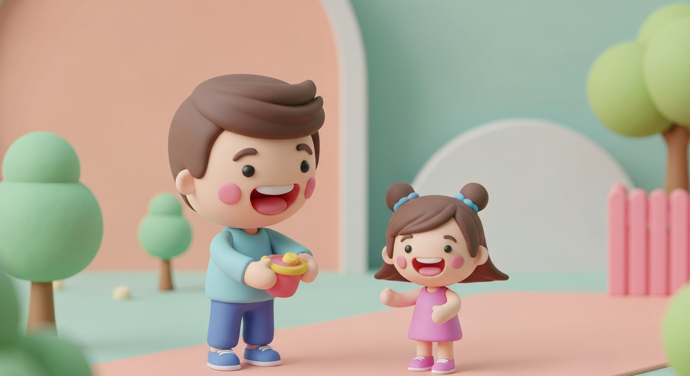 Cute 3D clay style, A happy father is playing with his daughter in the park.