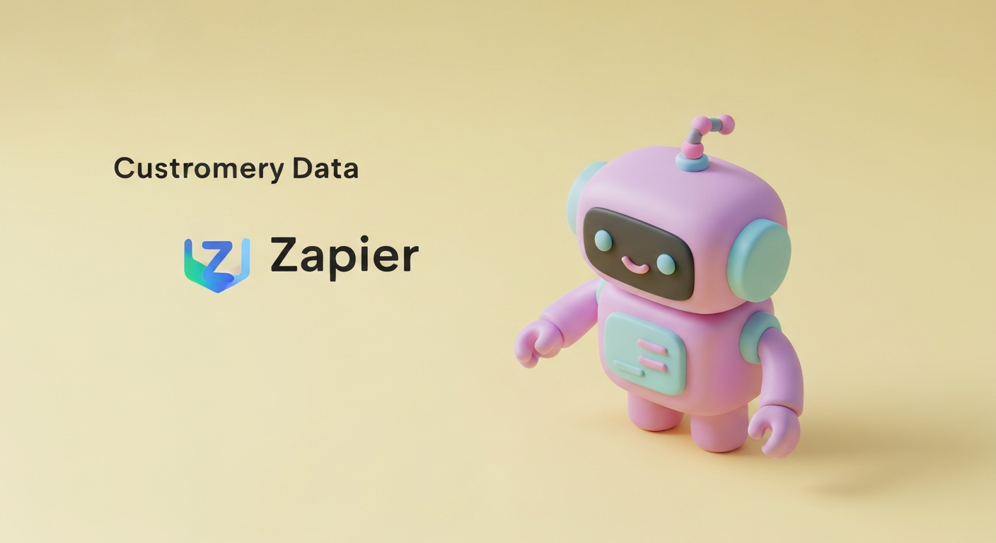 Cute 3D clay style, a robot managing customer data automatically with Zapier, pastel colors