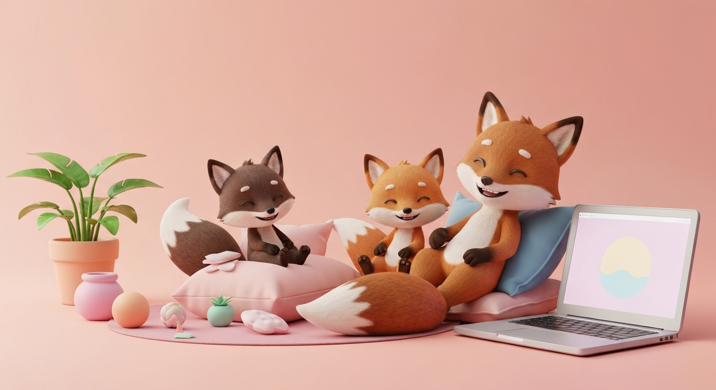 Cute 3D clay style, a happy family spending time together, with a laptop in the background, pastel colors
