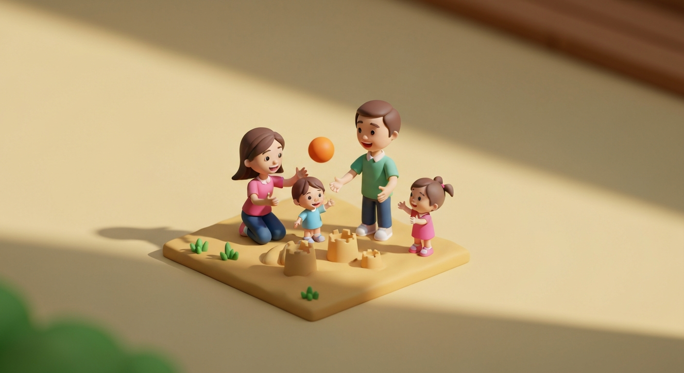 A happy family playing together in a park, sunny day