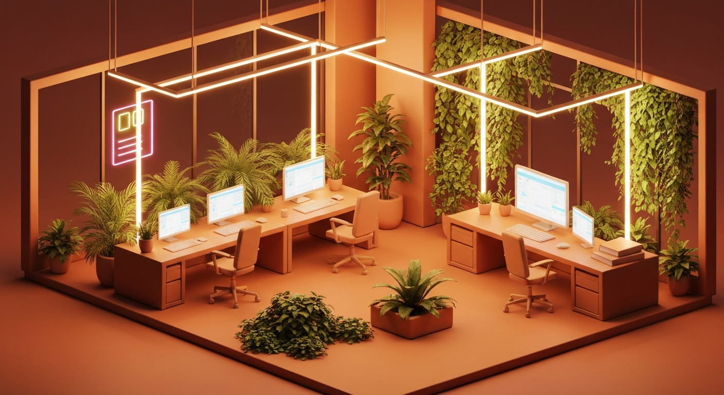 A futuristic office with neon lights , lush greenery, creating a vibrant , inspiring workspace