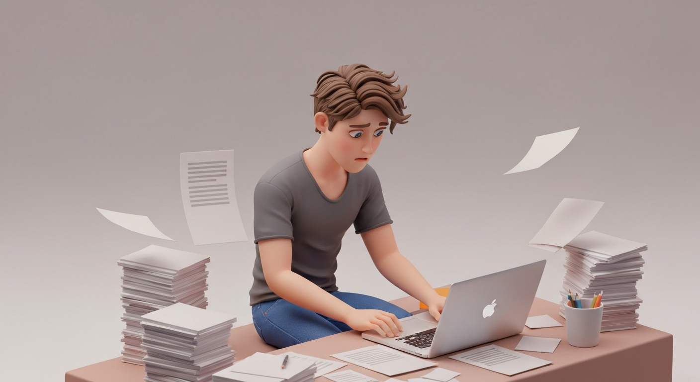 A stressed office worker surrounded by piles of paperwork, using a laptop