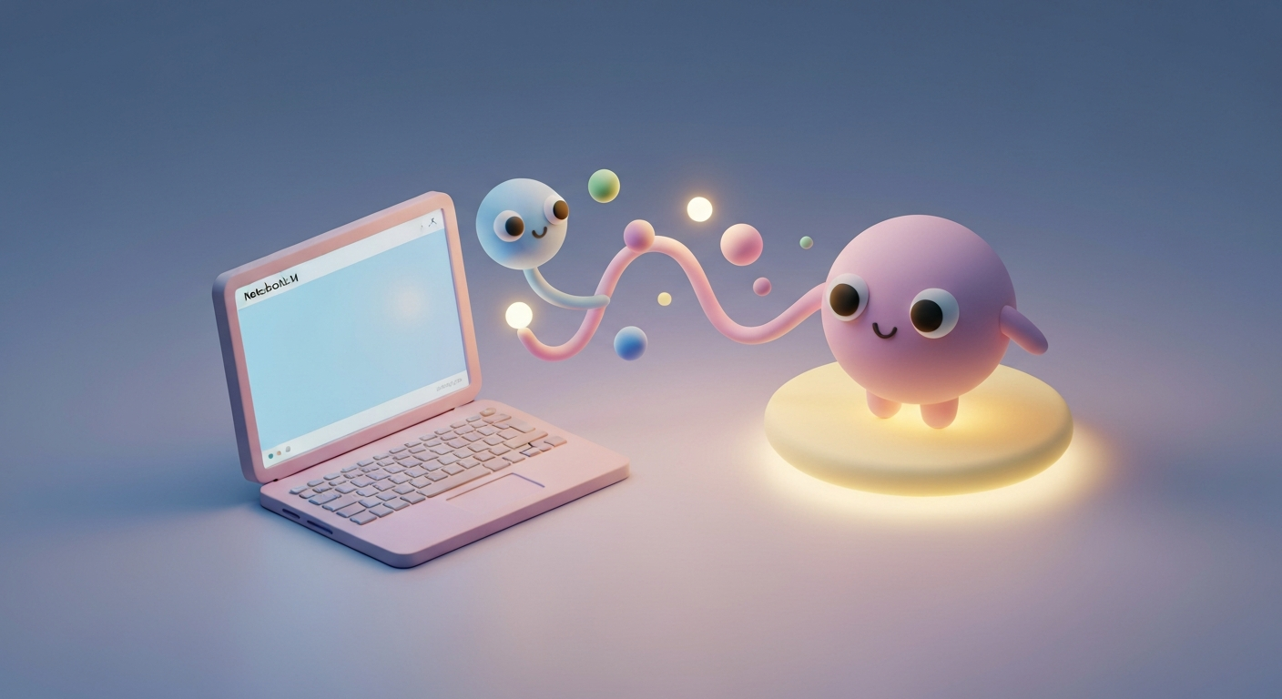 Cute 3D clay style, NotebookLM , Google Search linking together, pastel colors