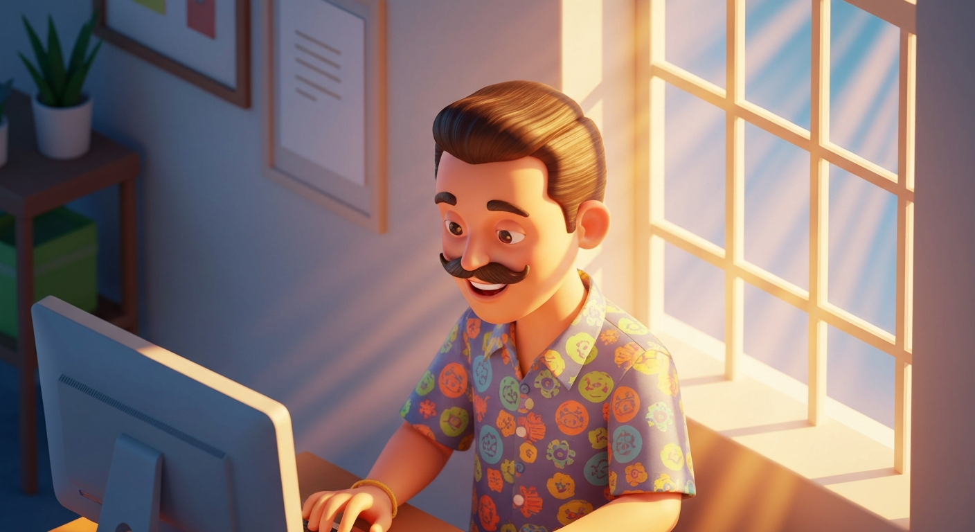 Close-up of a person smiling while working on a computer, sunlight through the window
