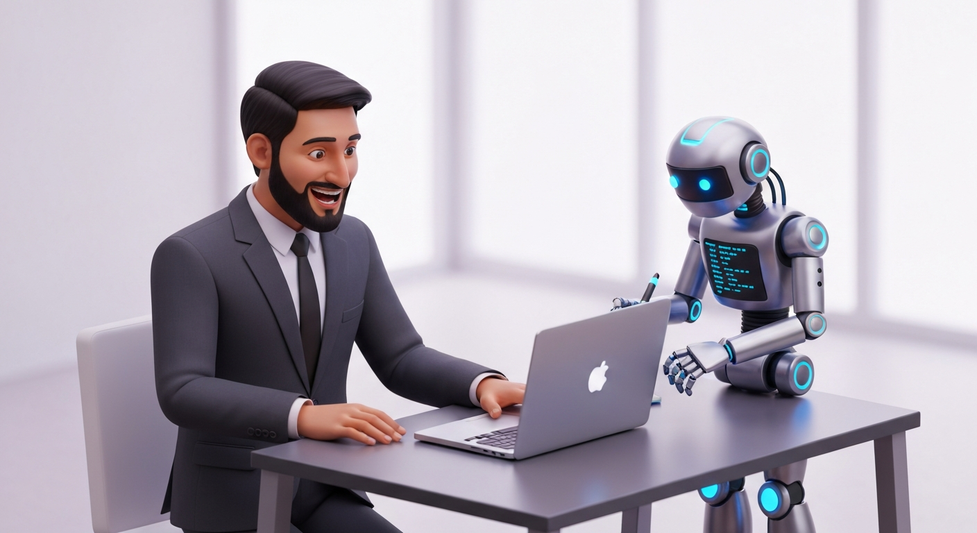 A business person happily watching a robot writing Excel VBA code on a laptop.