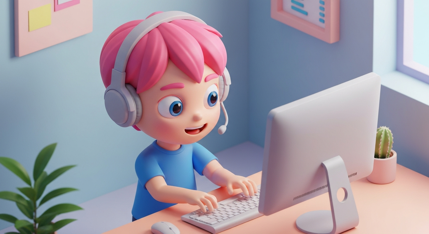 Cute, tiny programmer is coding diligently on a computer, in a minimalist room