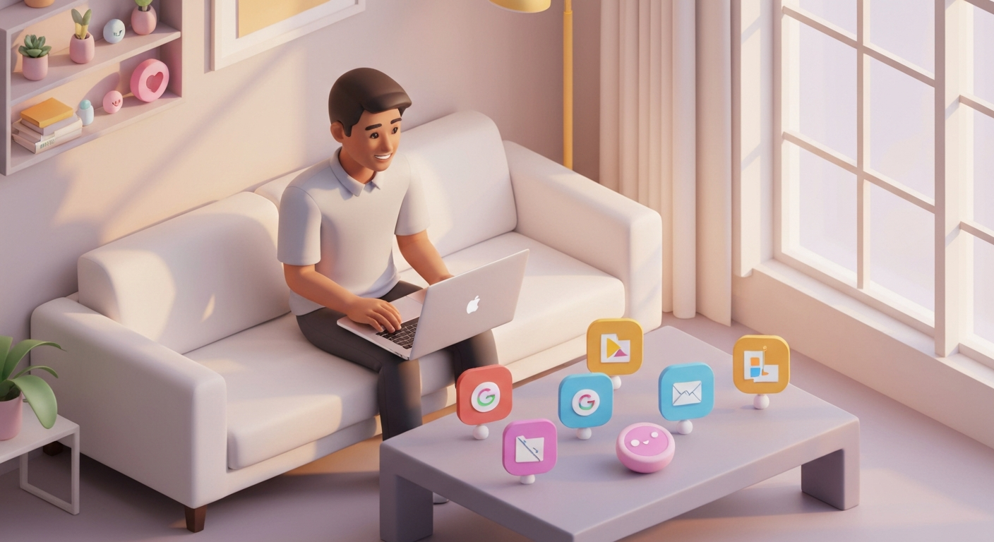 A person using NotebookLM on a laptop to create a document, surrounded by Google Drive icons