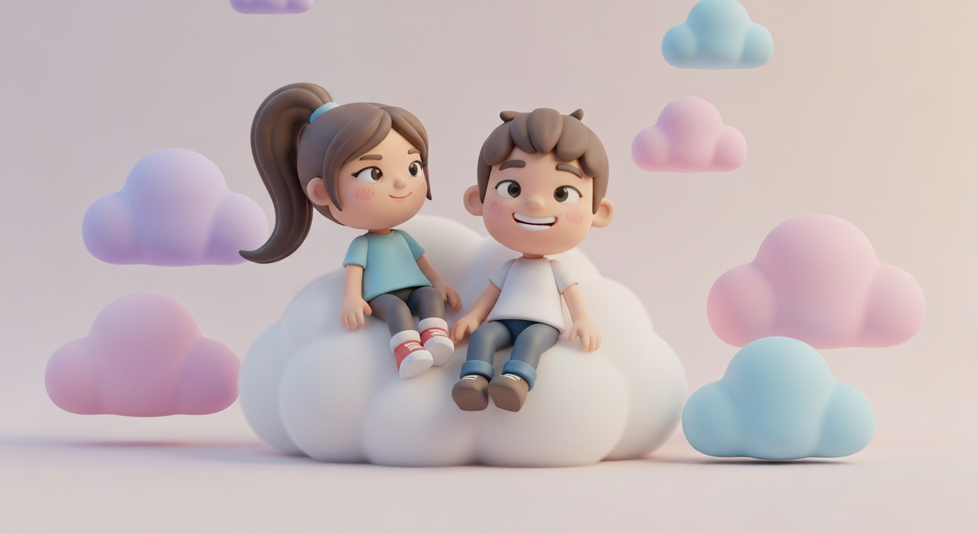 Cute 3D clay style, a woman relaxing at home while a robot handles her emails, pastel colors