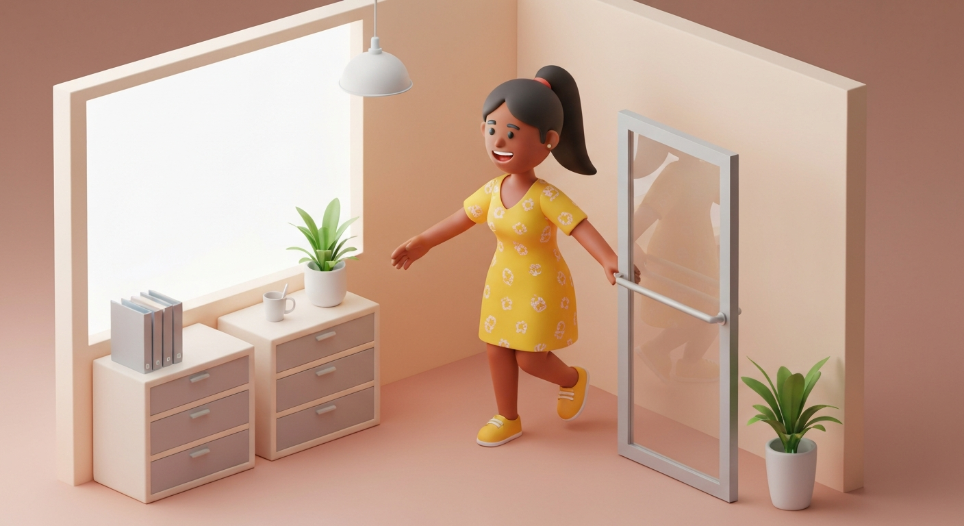 A person happily finishing work early, leaving the office with a smile.