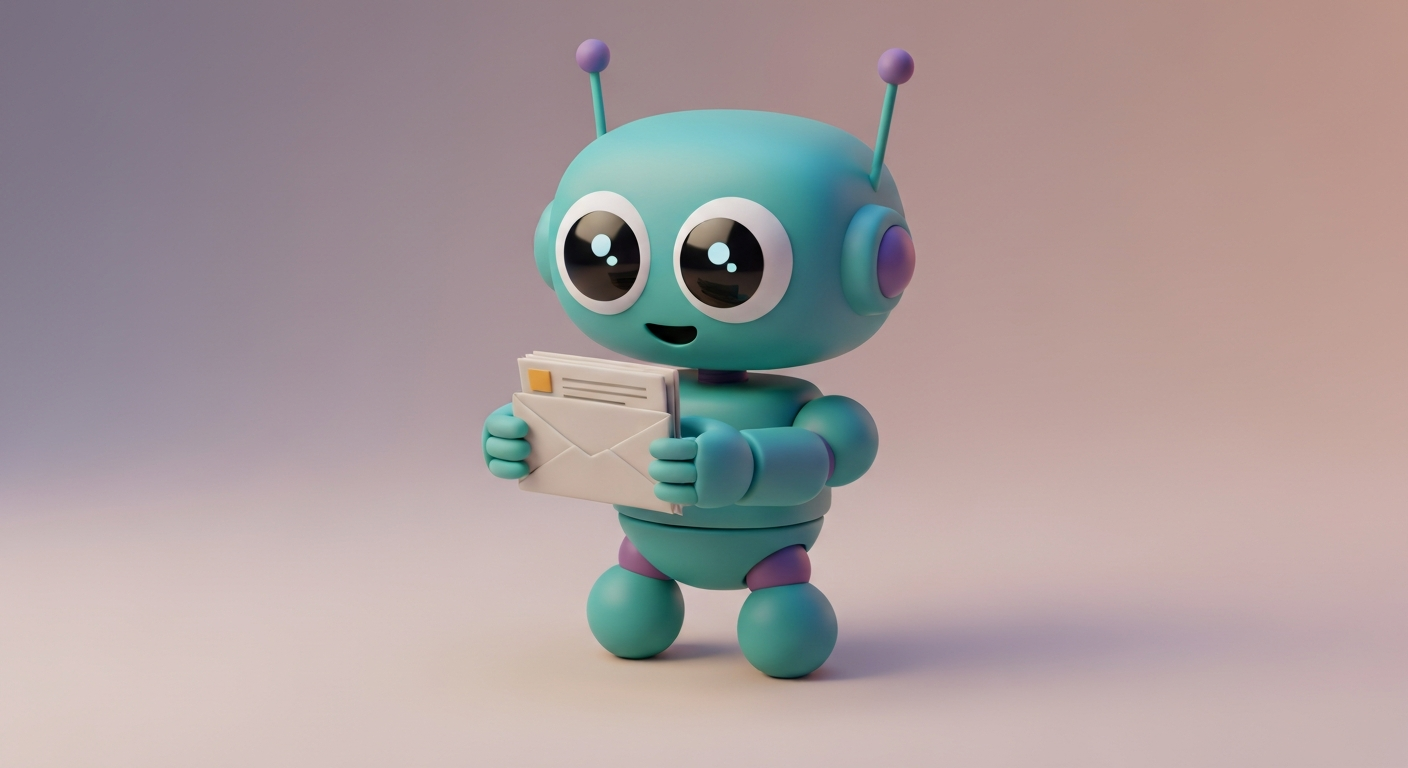 A robot reading , sorting emails, cartoon style