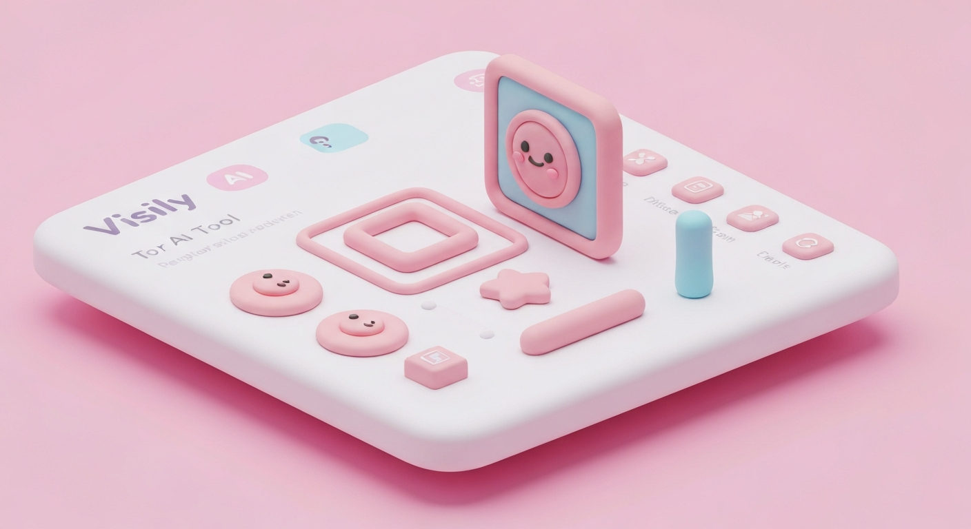 Cute 3D clay style, Visily AI tool interface, pastel colors