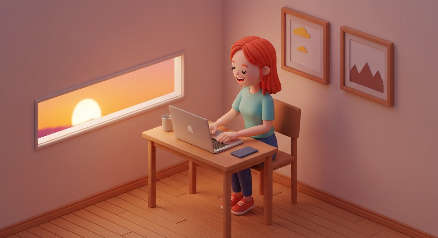 A person happily working on a laptop at home, sunset in the background