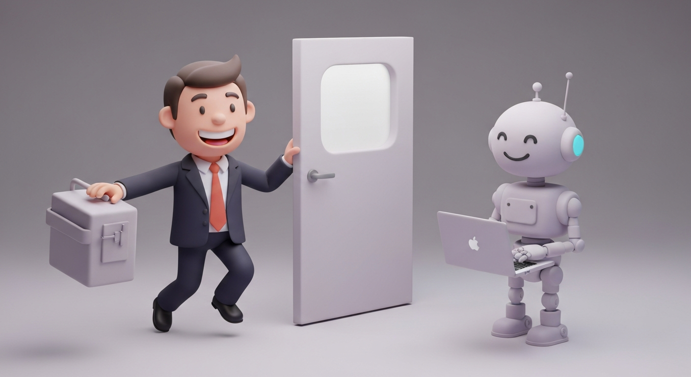 A person happily leaving the office with a smile, while a robot is working on a laptop, cartoon style