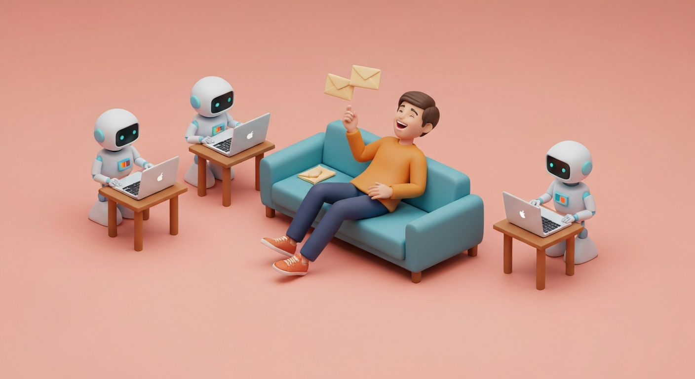 A person happily relaxing on a couch while robots answer emails on laptops around them.