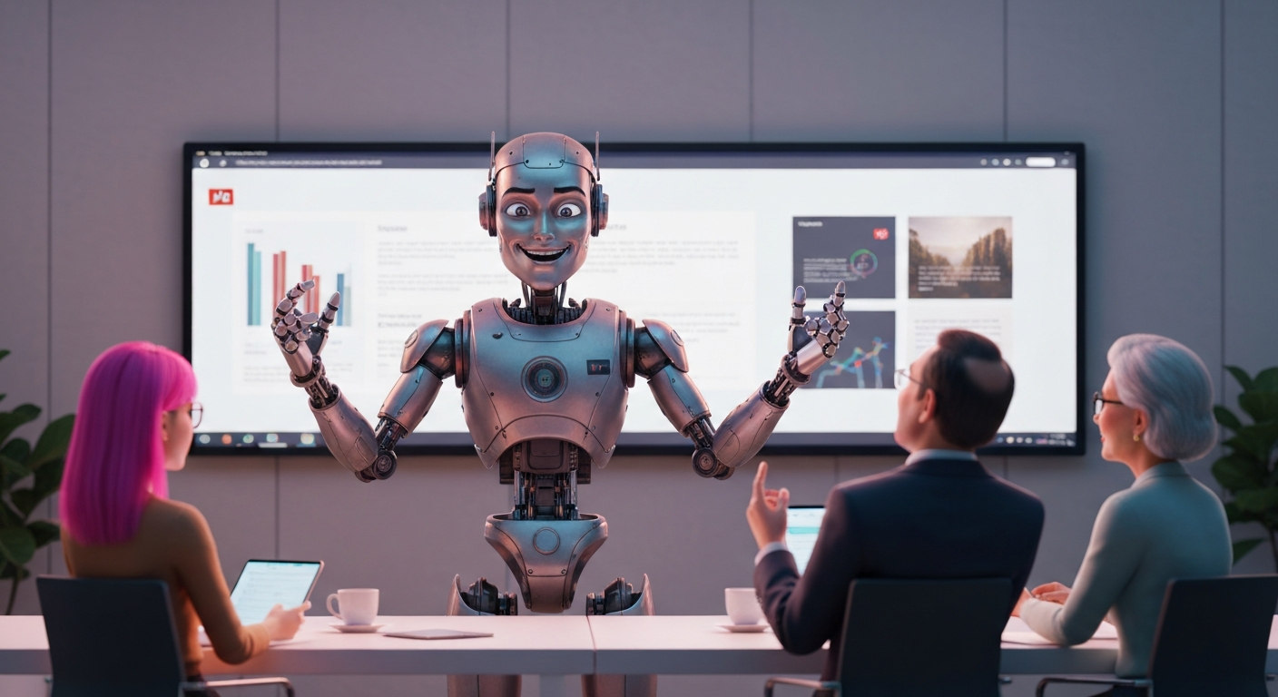A robot is happily presenting a PowerPoint presentation to a group of diverse people in a modern office setting