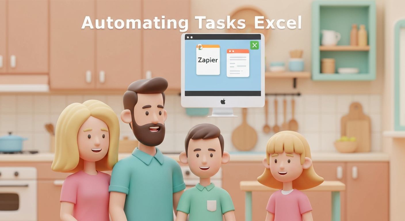 Cute 3D render style, A happy family is having dinner at home, , in the background, a computer is automating tasks with Zapier , Excel, pastel colors