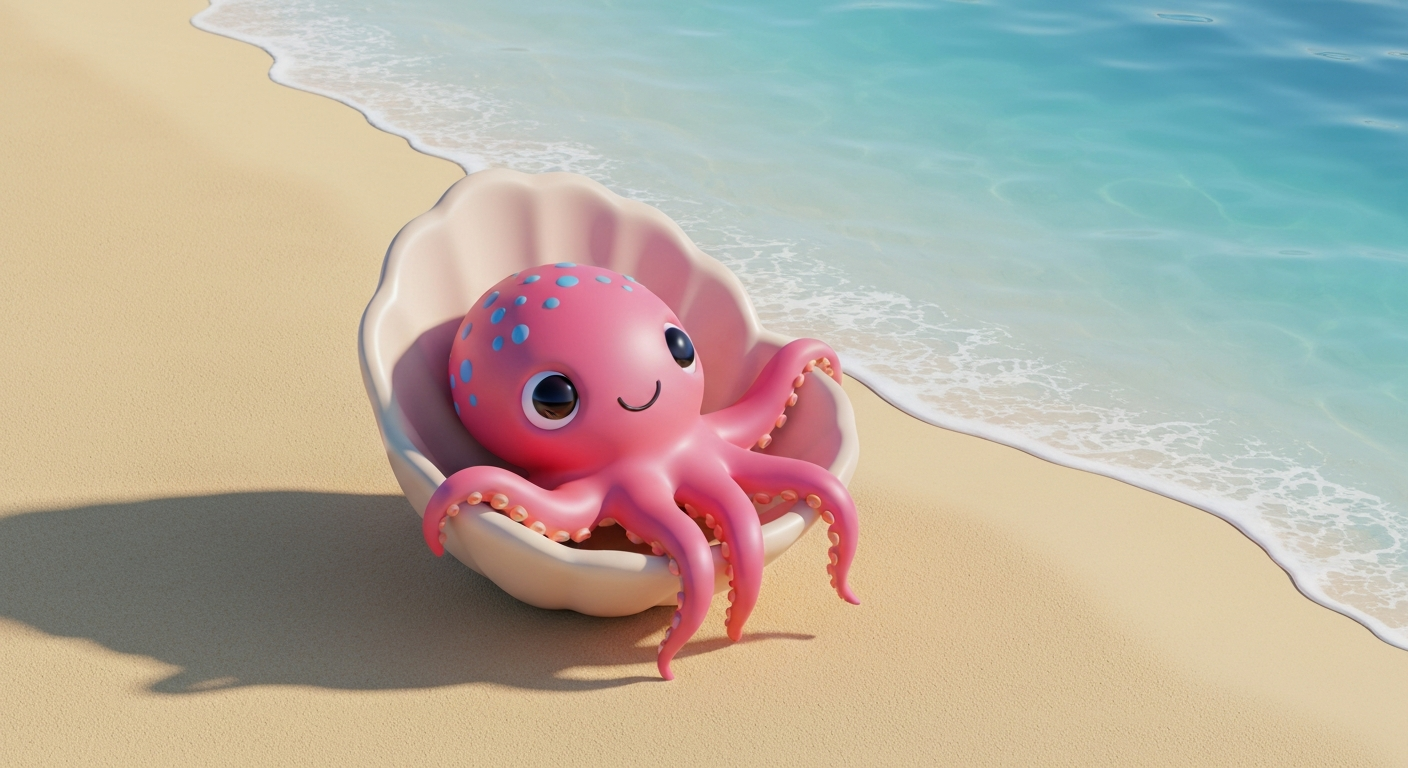 Cute 3D clay style, a robot relaxing on a beach chair with a laptop, pastel colors