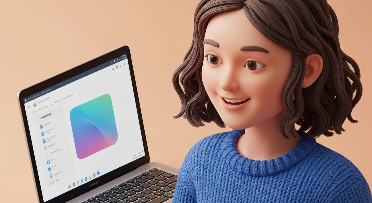 Close-up shot, a person smiling while using a laptop, focus on the screen showing NotebookLM