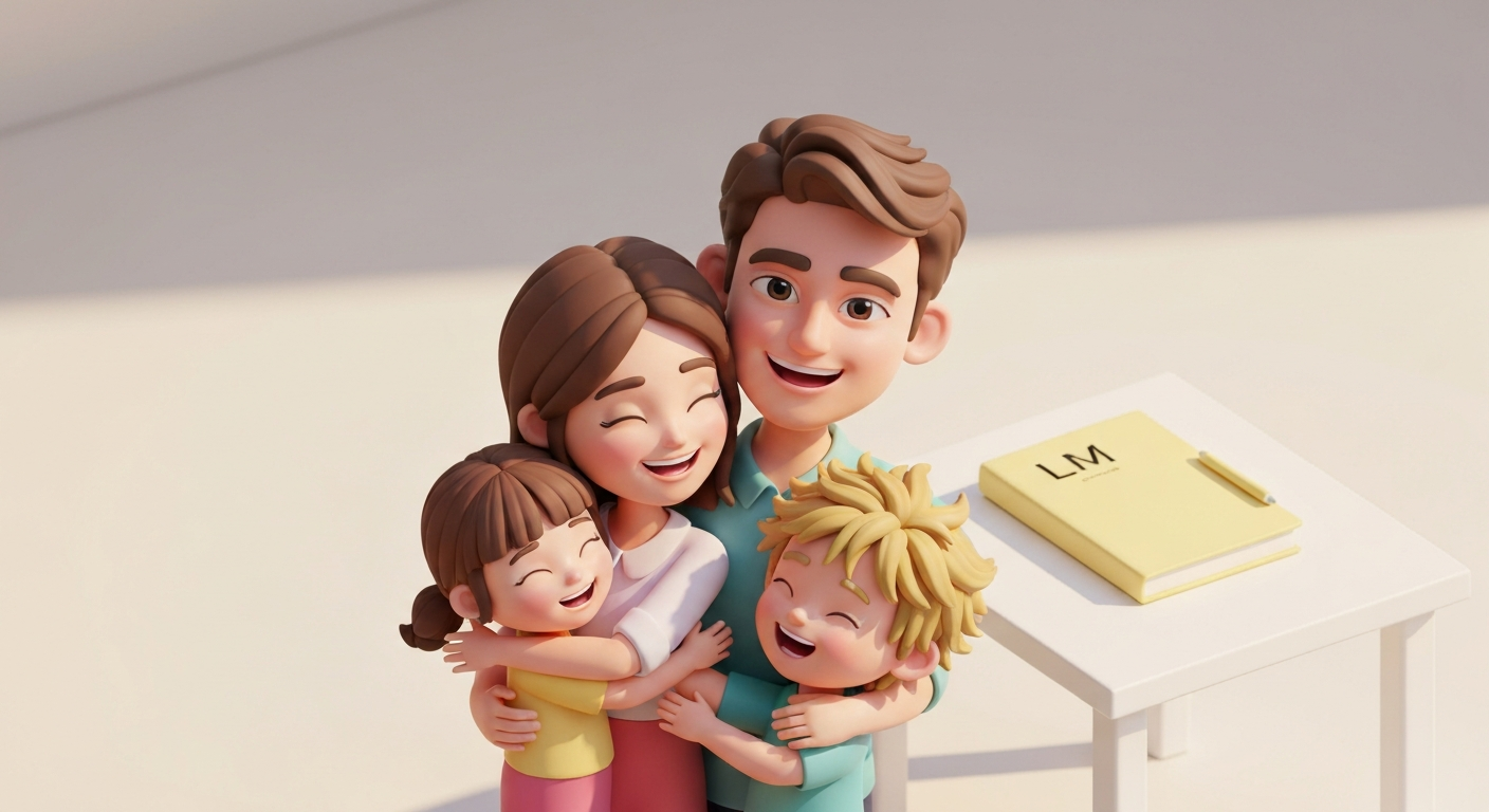 a happy man hugging his family, notebook LM in the background