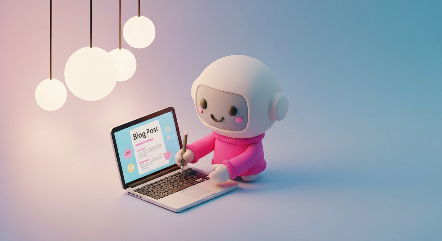 Cute 3D clay style, a robot writing a blog post on a laptop, pastel colors