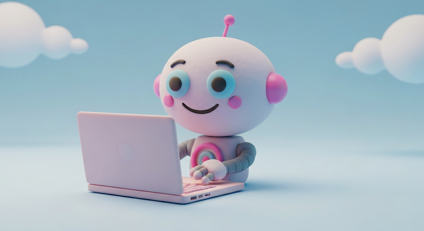 Cute 3D clay style, a robot writing a blog post on a laptop, pastel colors
