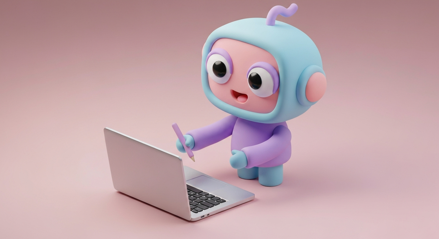 Cute 3D clay style, a robot writing a blog post on a laptop, pastel colors