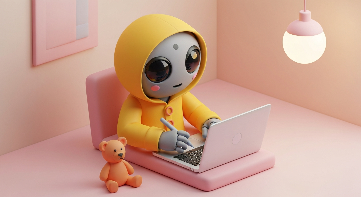 Cute 3D clay style, a robot writing a blog post on a laptop, pastel colors