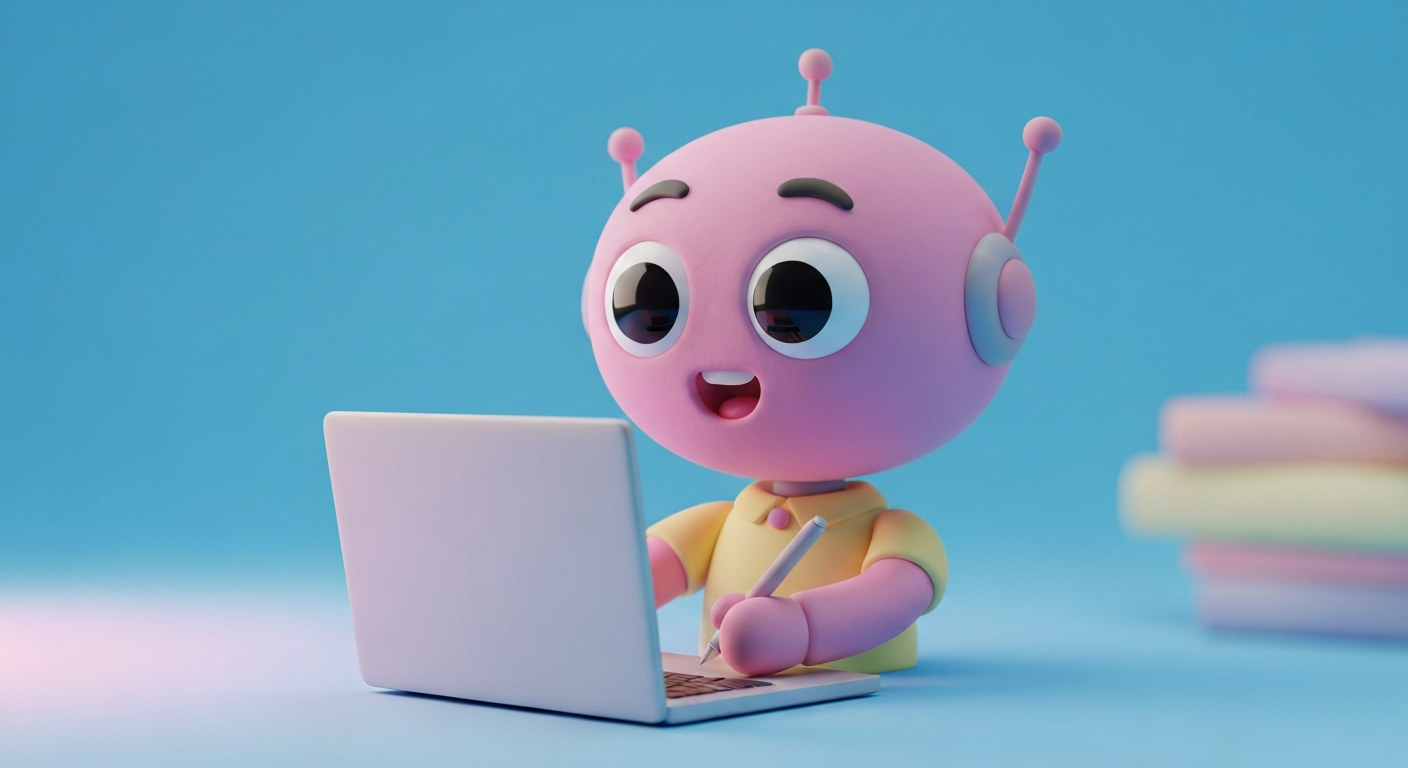 Cute 3D clay style, a robot writing a blog post on a laptop, pastel colors