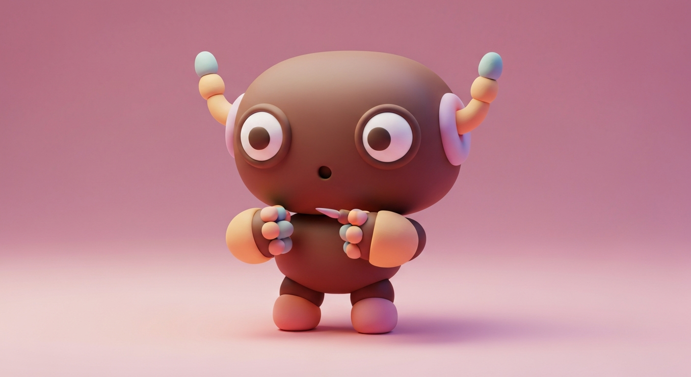 Cute 3D clay style, a robot writing a blog post on a laptop, pastel colors