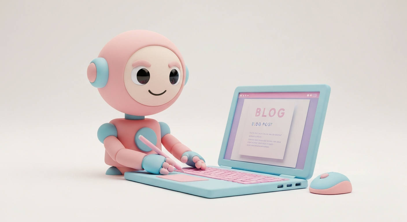 Cute 3D clay style, a robot writing a blog post on a laptop, pastel colors