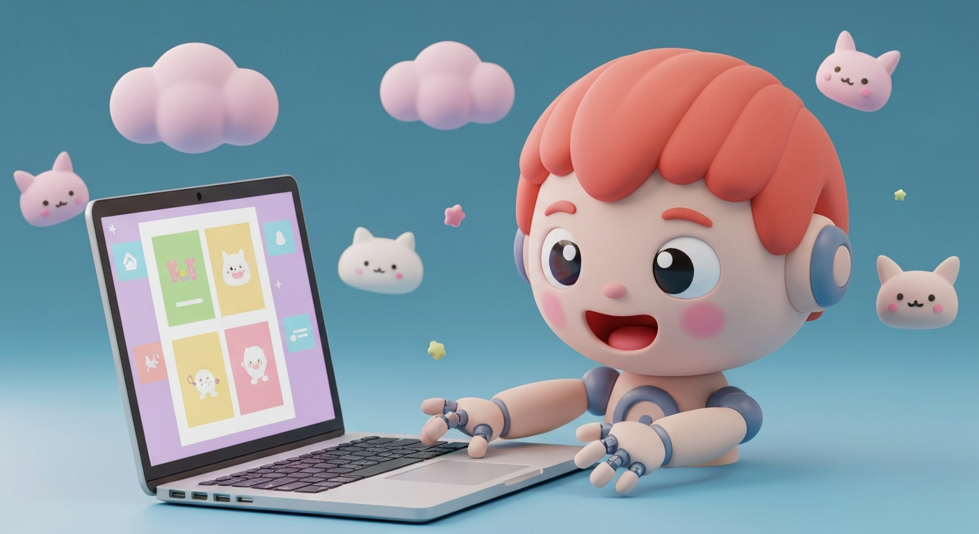 Cute 3D clay style, a robot preparing presentation slides on a laptop, pastel colors