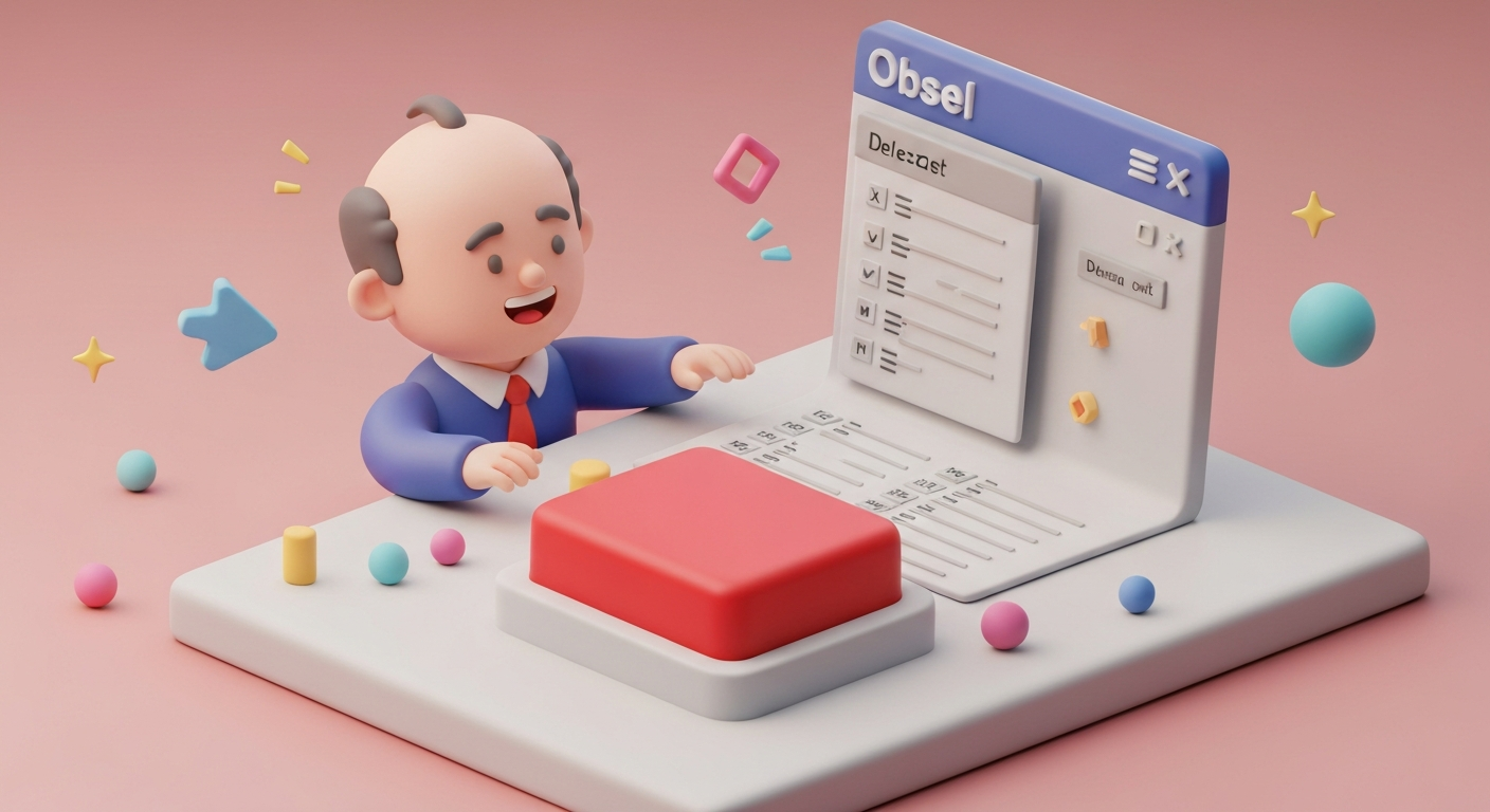 A person happily deleting rows of Excel data with a large red button