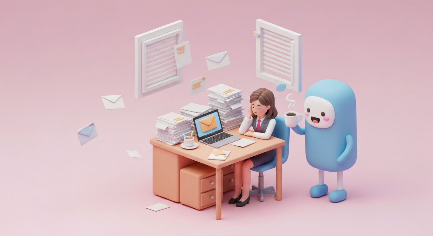 Cute 3D clay style, A tired woman in business attire sits at a desk piled high with papers , an overflowing email inbox, while a playful cartoon of ChatGPT offers her a cup of coffee. Pastel colors