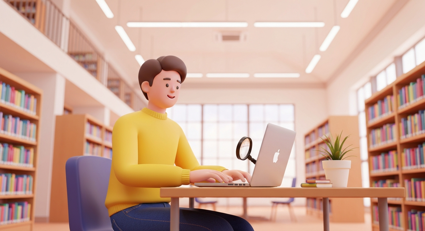 A person in a library using a laptop with a magnifying glass over the screen, warm lighting.